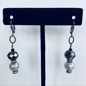 HAND CRAFTED EARRINGS Pearl Faceted Czech Crystal Rondelle Black Dangle Drop NWT